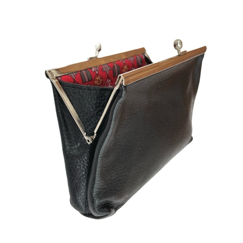 Vintage Enrico Coveri Black Leather Coin Purse, Silver Hardware Red Print Lining - Picture 3 of 8